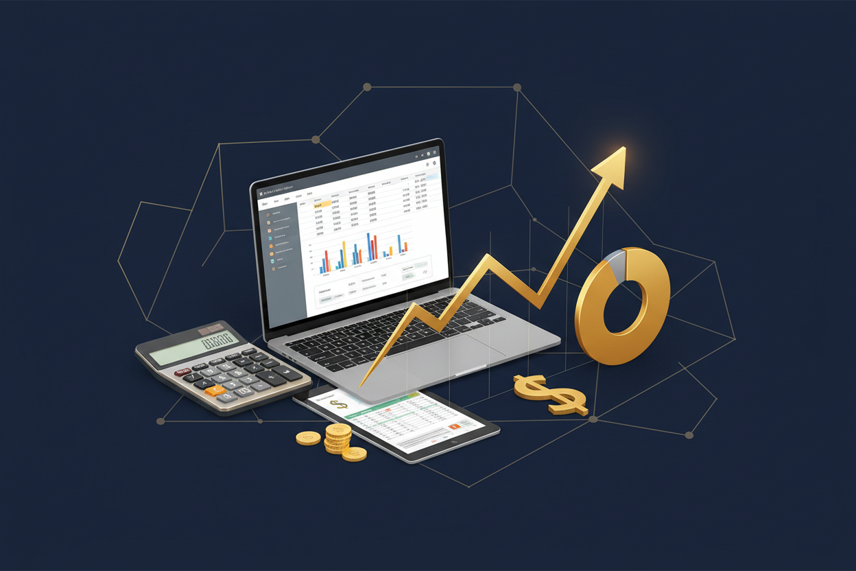 Professional online accounting course cover with financial charts and laptop
