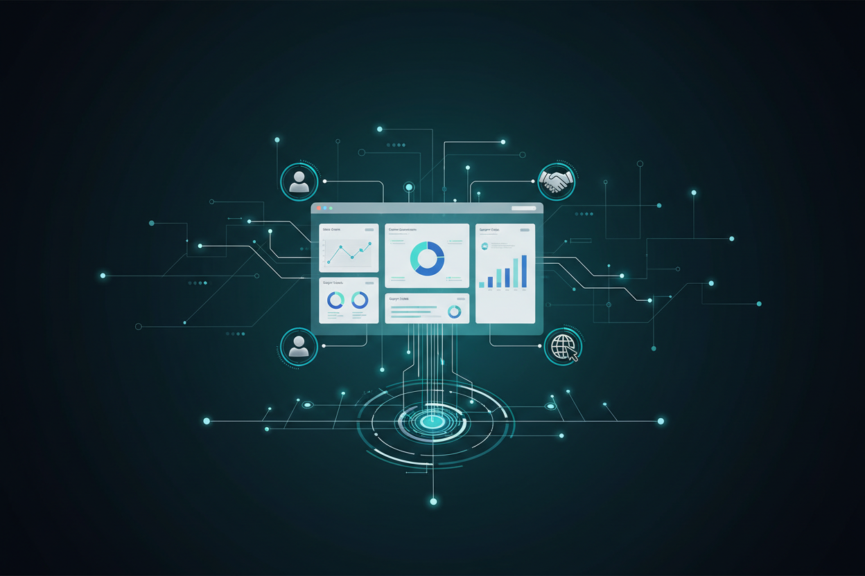 Professional CRM video tutorial cover with dashboard and customer connection visuals