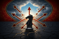 Business strategy course cover with chess piece and storm clouds on dark red background