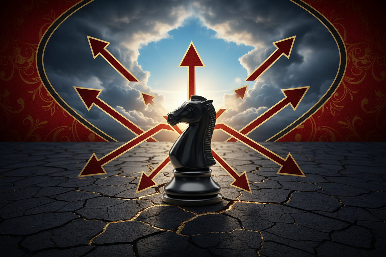 Business strategy course cover with chess piece and storm clouds on dark red background